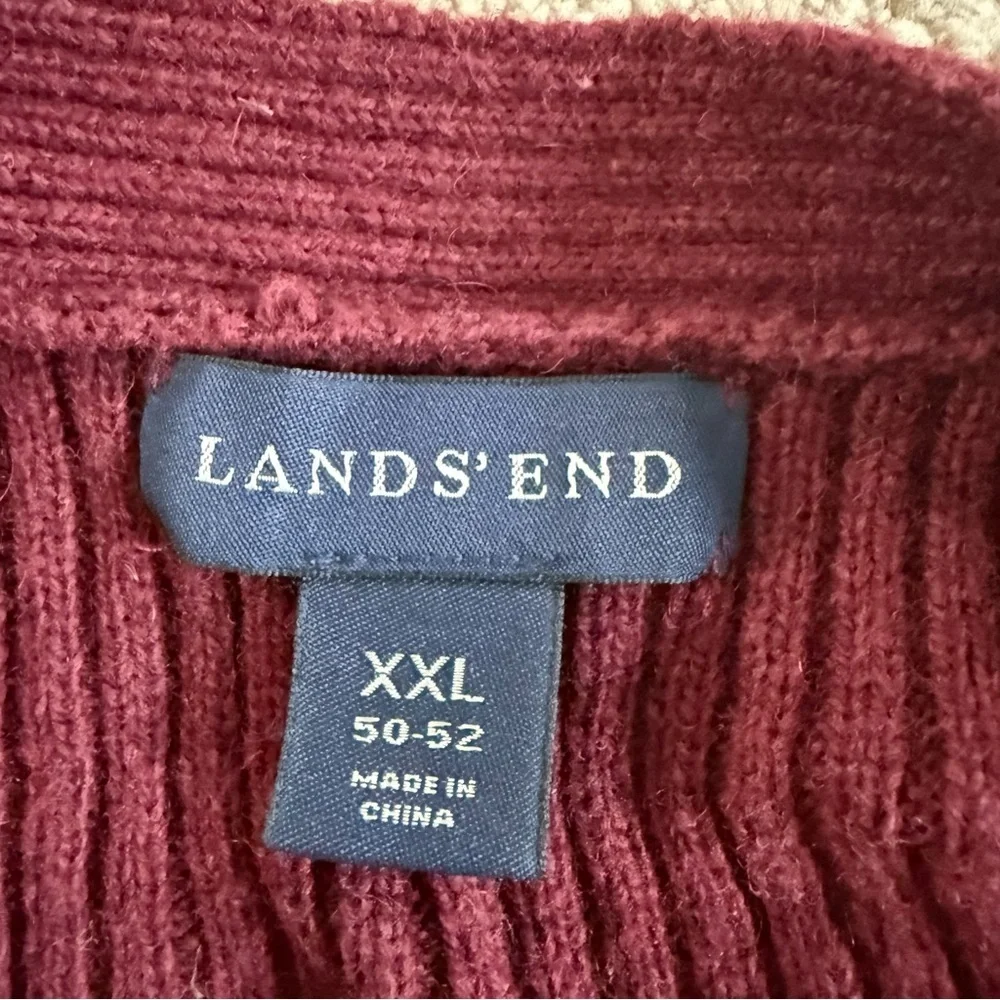 Lands' End sweater vest Burgundy red Herringbone Knit V Neck button font XXL